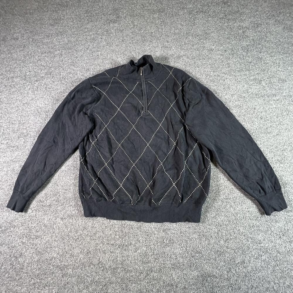 Izod Mens L Black Argyle Cotton Quarter Zip Pullover Sweatshirt Training